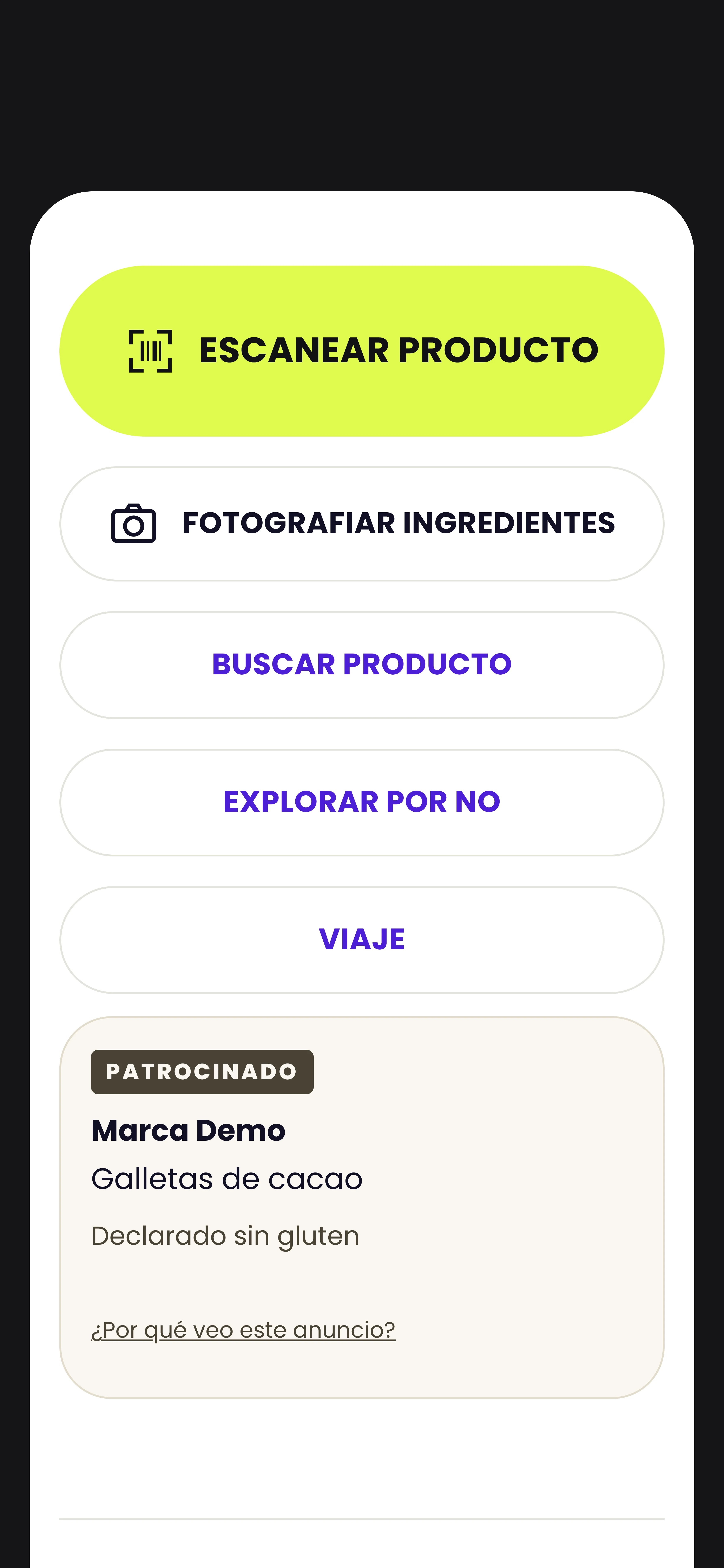 Pantalla de inicio de NOalergeNO con las acciones principales.