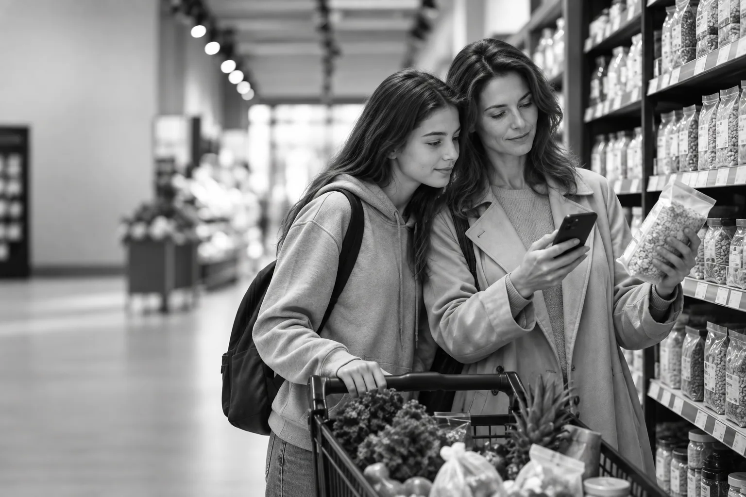 Dos personas revisando un producto alimentario con el móvil en el supermercado.